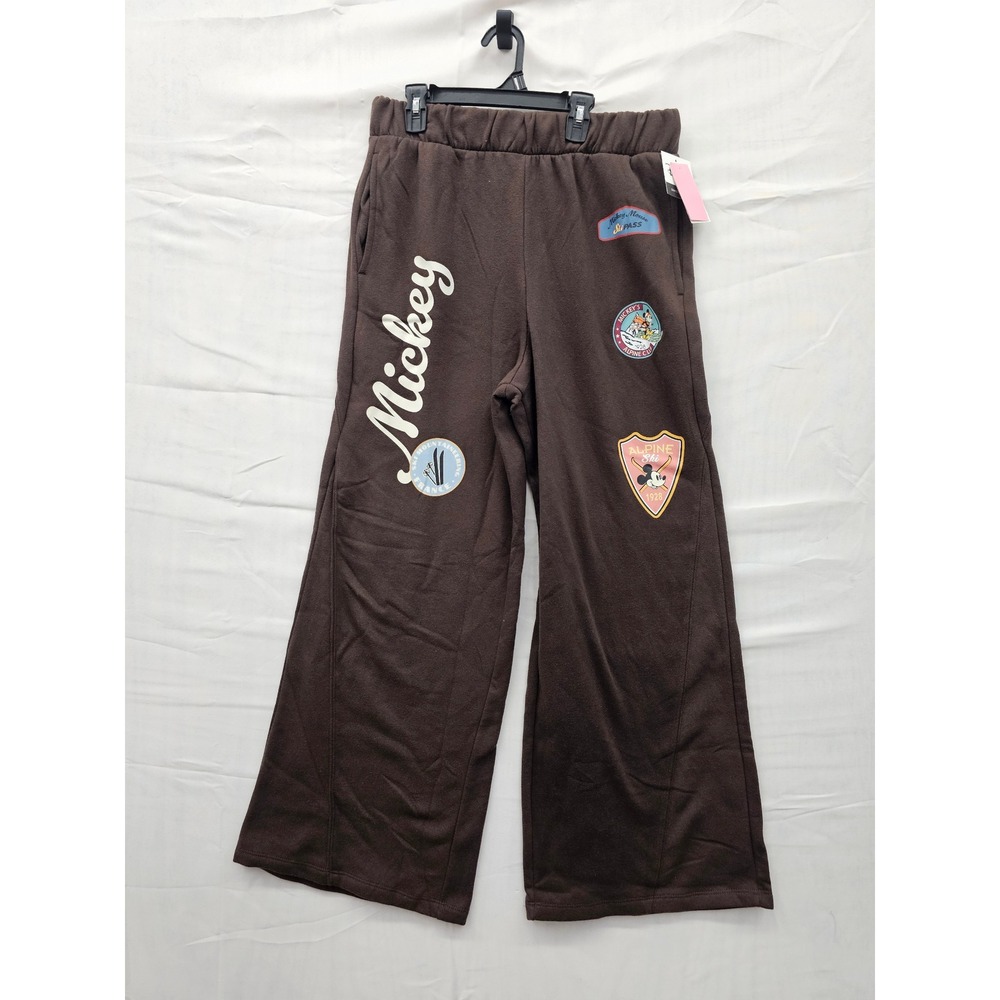 Disney Grayson Threads Brown Mickey Mouse Patch Wide Leg Sweatpants Large NEW